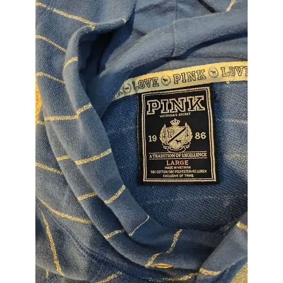 VS Pink Women's Large Blue Hoodie Pullover Stripe Y2K flaw- missing drawstring - Picture 7 of 9